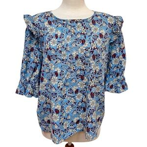 LOFT Blue Floral Short Sleeve Peasant Style Blouse Ruffles Women's Size Large